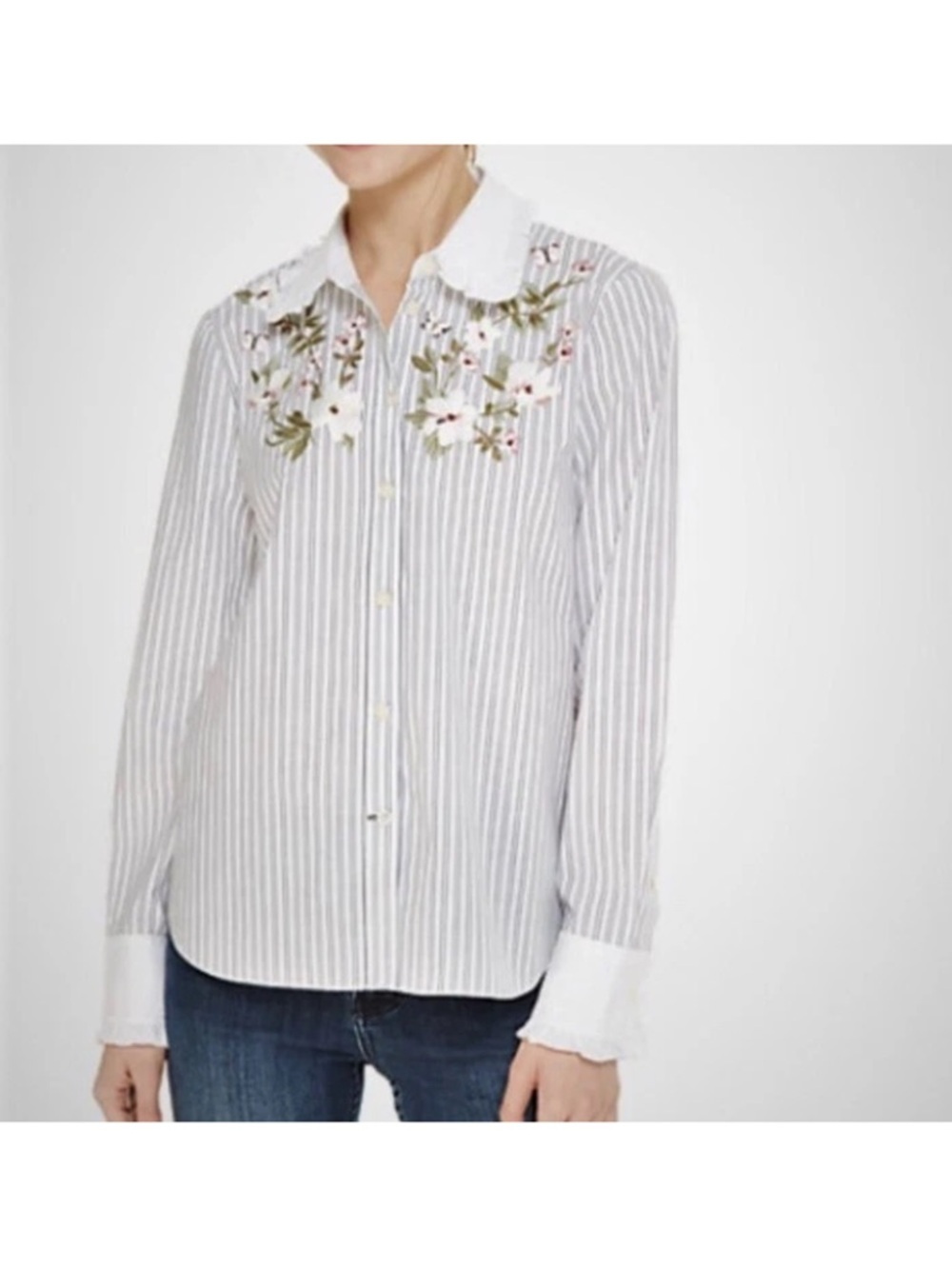 Kate Spade button front Ruffle Striped Embroidered Shirt preppy soft girl sz sm
